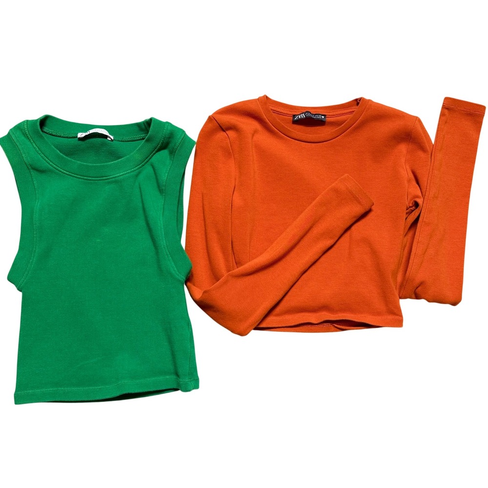 Zara Ribbed Crop Top Bundle Green Sleeveless Orange Long Sleeve Womens Small 2pc